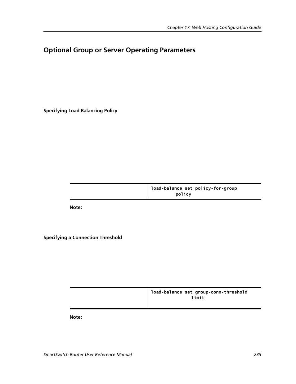 Optional group or server operating parameters, Specifying load balancing policy, Specifying a connection threshold | Cabletron Systems SMARTSWITCH ROUTER 9032578-05 User Manual | Page 261 / 398