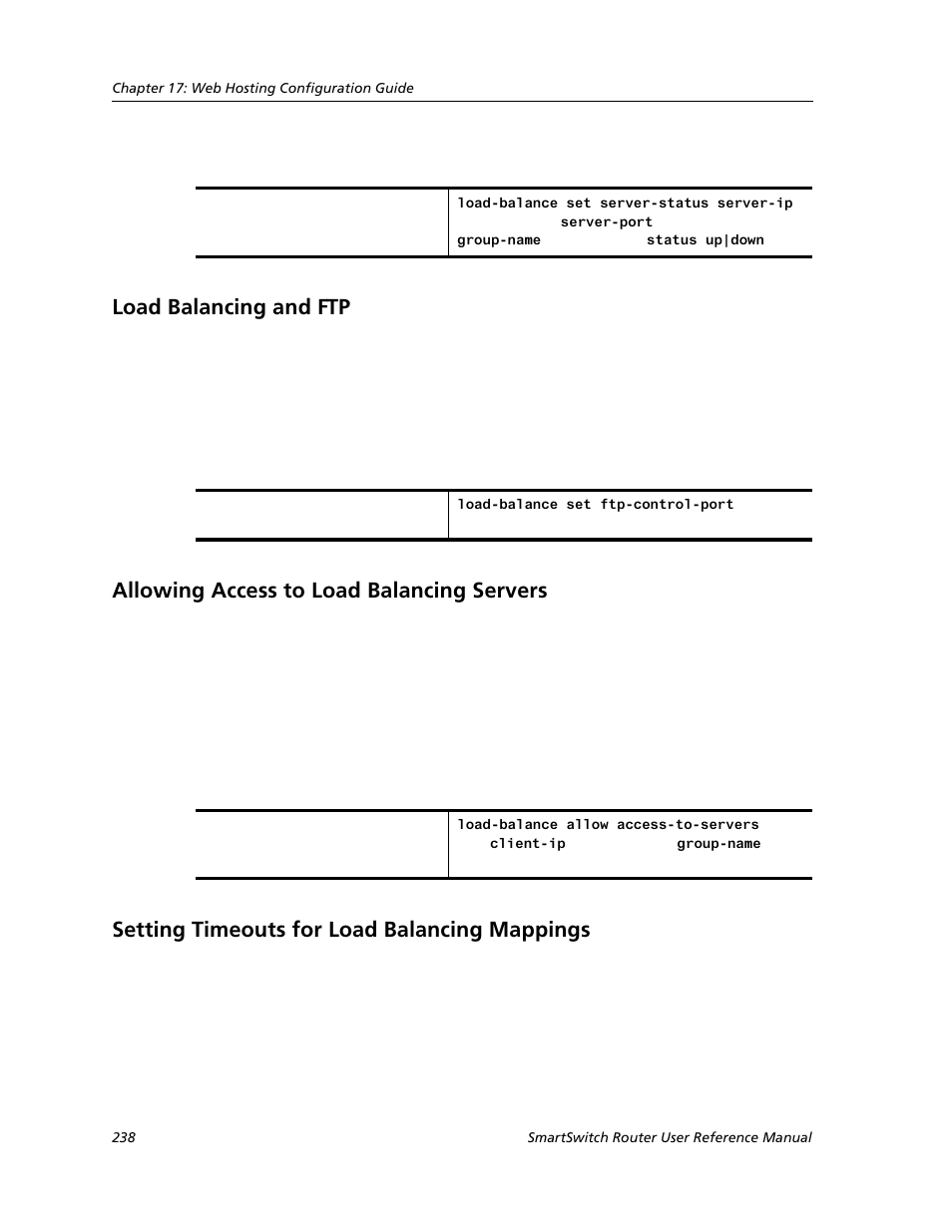 Load balancing and ftp, Allowing access to load balancing servers, Setting timeouts for load balancing mappings | Cabletron Systems SMARTSWITCH ROUTER 9032578-05 User Manual | Page 264 / 398