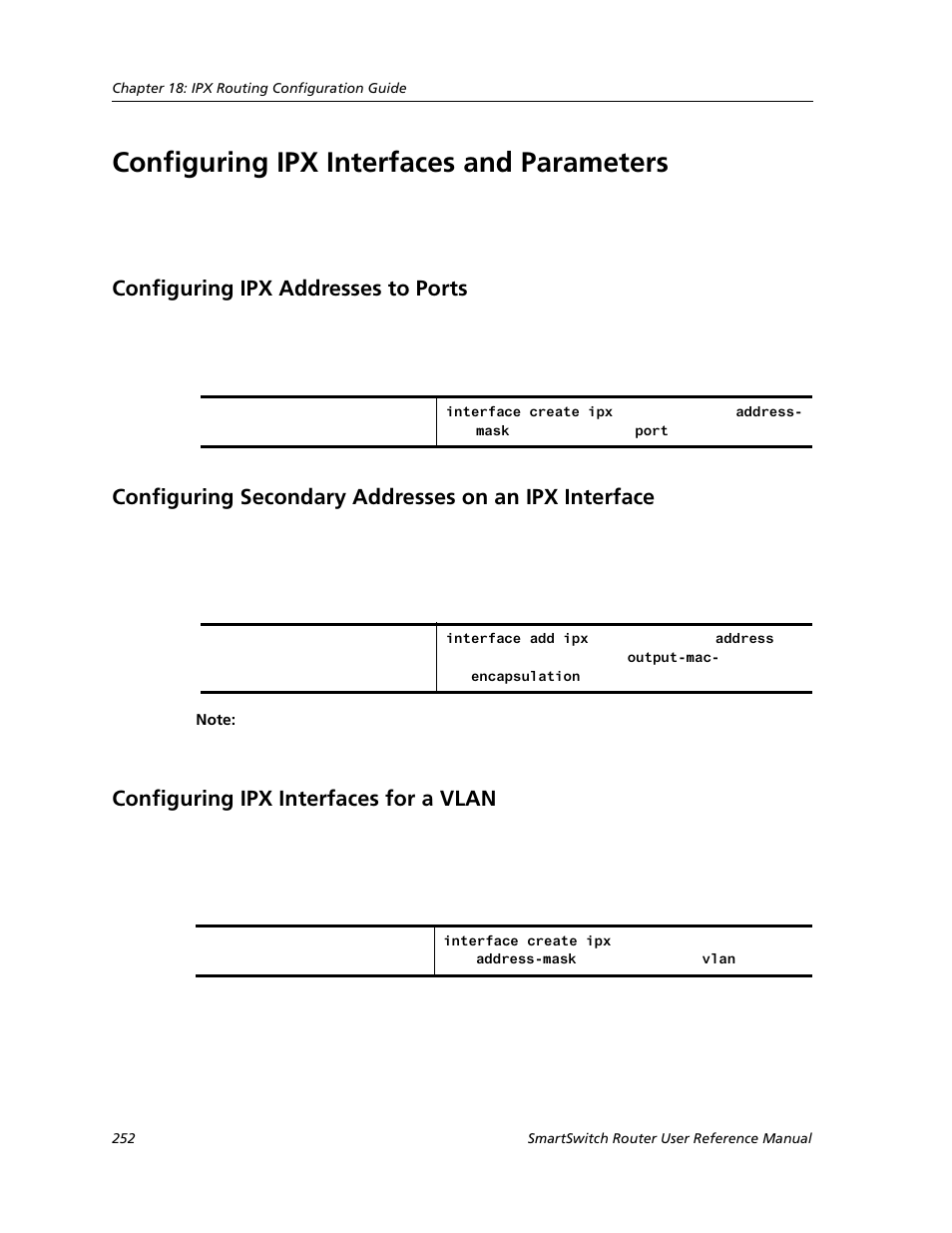 Configuring ipx interfaces and parameters, Configuring ipx addresses to ports, Configuring ipx interfaces for a vlan | Cabletron Systems SMARTSWITCH ROUTER 9032578-05 User Manual | Page 278 / 398