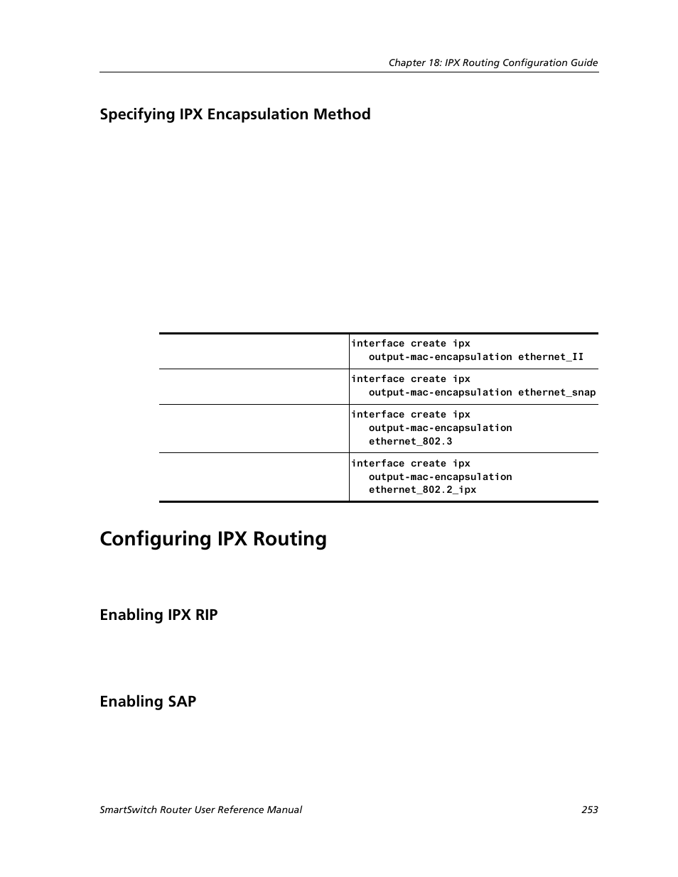 Specifying ipx encapsulation method, Configuring ipx routing, Enabling ipx rip | Enabling sap, Enabling ipx rip enabling sap | Cabletron Systems SMARTSWITCH ROUTER 9032578-05 User Manual | Page 279 / 398