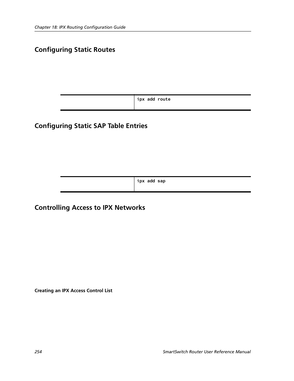 Configuring static routes, Configuring static sap table entries, Controlling access to ipx networks | Creating an ipx access control list | Cabletron Systems SMARTSWITCH ROUTER 9032578-05 User Manual | Page 280 / 398