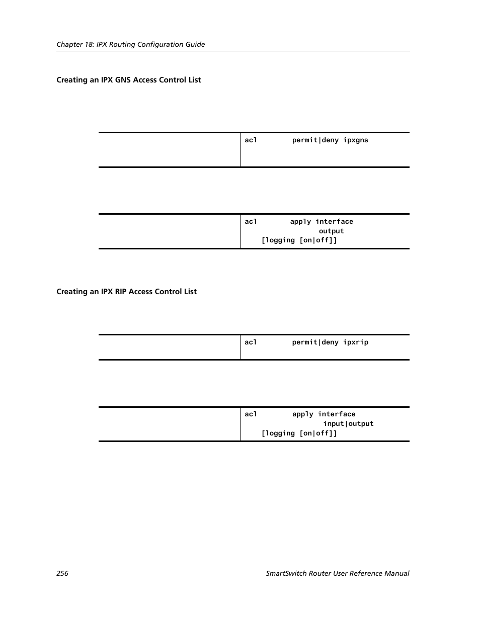 Creating an ipx gns access control list, Creating an ipx rip access control list | Cabletron Systems SMARTSWITCH ROUTER 9032578-05 User Manual | Page 282 / 398