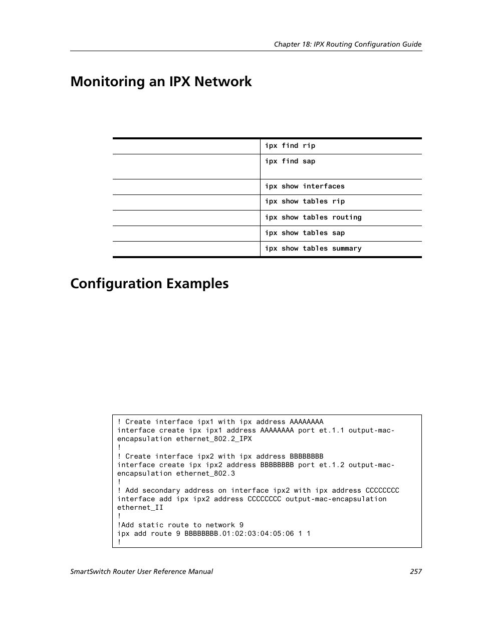 Monitoring an ipx network, Configuration examples, Monitoring an ipx network configuration examples | Cabletron Systems SMARTSWITCH ROUTER 9032578-05 User Manual | Page 283 / 398