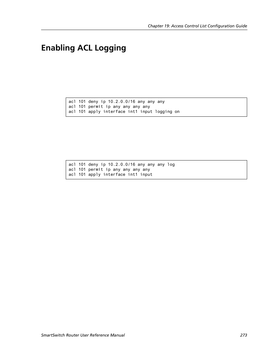 Enabling acl logging | Cabletron Systems SMARTSWITCH ROUTER 9032578-05 User Manual | Page 299 / 398