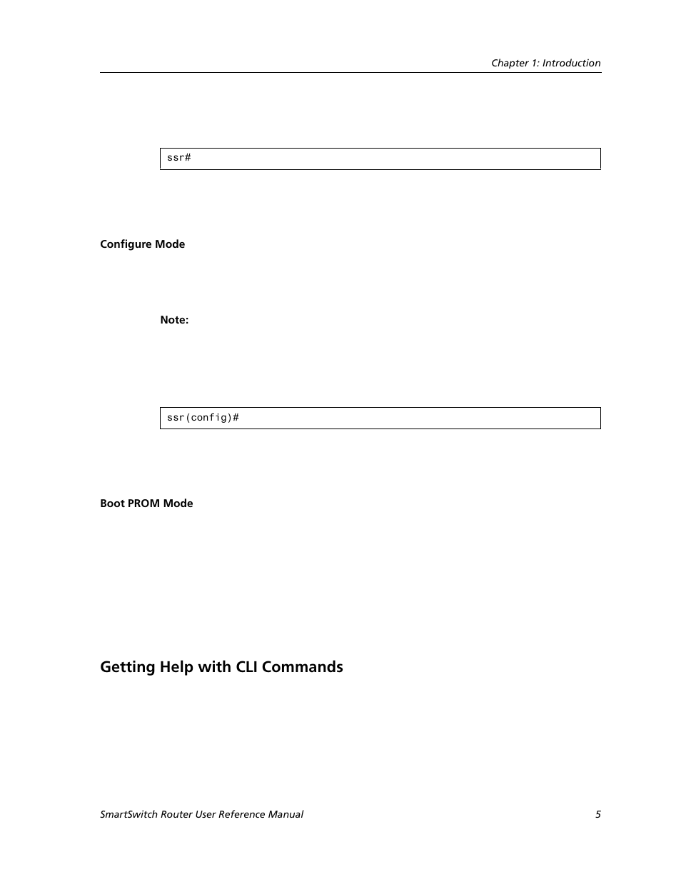 Configure mode, Boot prom mode, Getting help with cli commands | Configure mode boot prom mode | Cabletron Systems SMARTSWITCH ROUTER 9032578-05 User Manual | Page 31 / 398