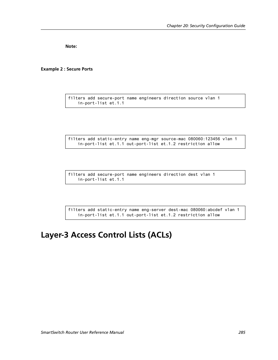 Example 2 : secure ports, Layer-3 access control lists (acls) | Cabletron Systems SMARTSWITCH ROUTER 9032578-05 User Manual | Page 311 / 398
