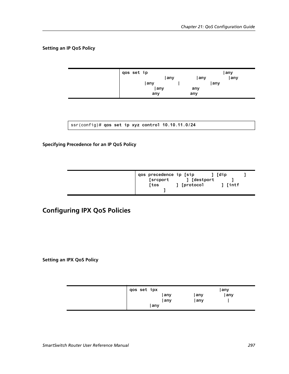 Setting an ip qos policy, Specifying precedence for an ip qos policy, Configuring ipx qos policies | Setting an ipx qos policy | Cabletron Systems SMARTSWITCH ROUTER 9032578-05 User Manual | Page 323 / 398