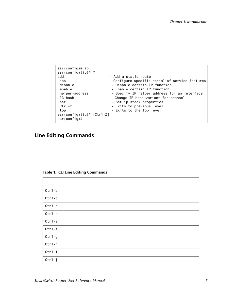 Line editing commands | Cabletron Systems SMARTSWITCH ROUTER 9032578-05 User Manual | Page 33 / 398