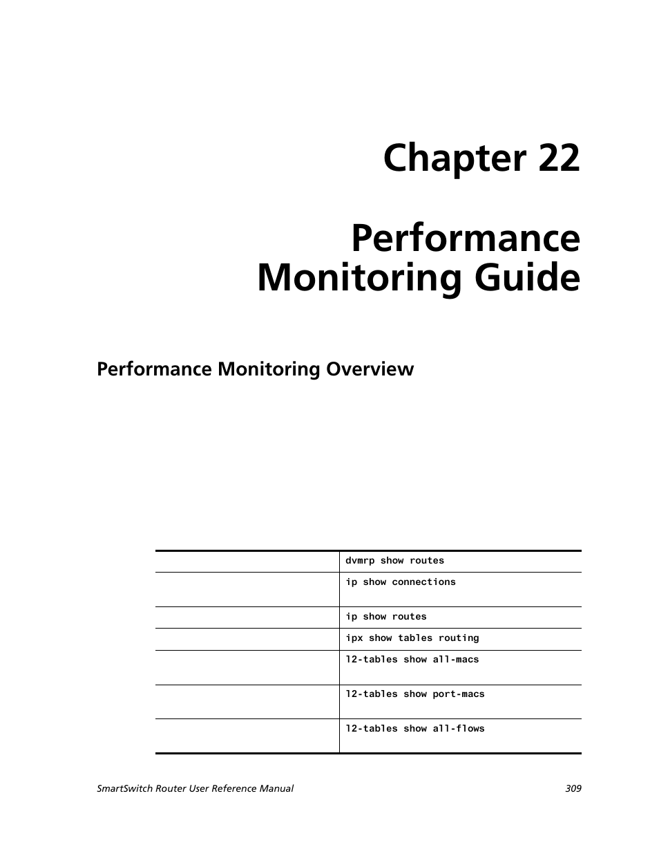 Performance monitoring guide, Performance monitoring overview, Chapter 22: performance monitoring guide | Chapter 22 performance monitoring guide | Cabletron Systems SMARTSWITCH ROUTER 9032578-05 User Manual | Page 335 / 398