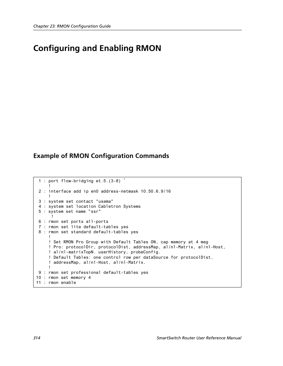 Configuring and enabling rmon, Example of rmon configuration commands | Cabletron Systems SMARTSWITCH ROUTER 9032578-05 User Manual | Page 340 / 398
