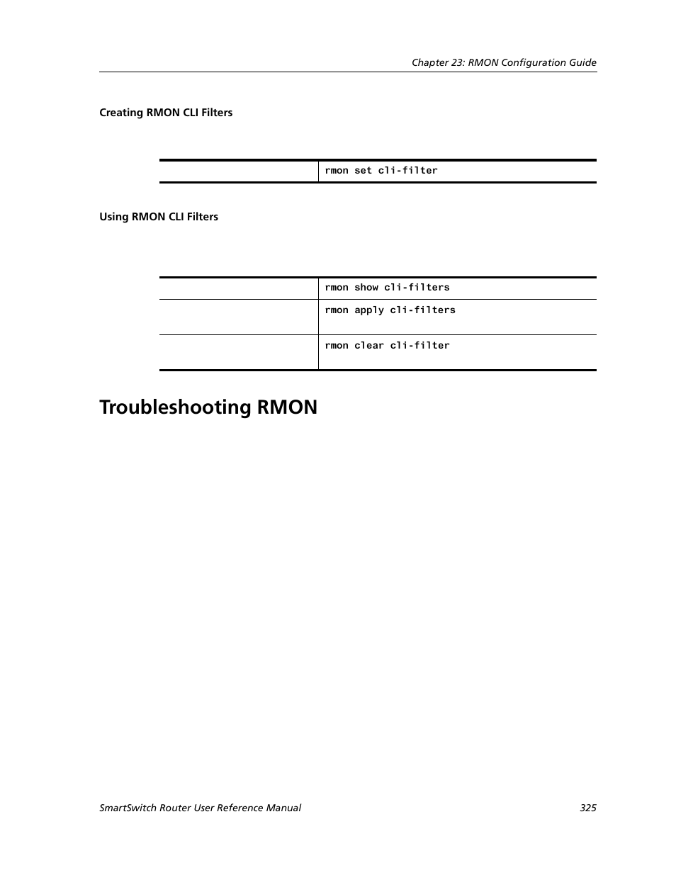 Creating rmon cli filters, Using rmon cli filters, Troubleshooting rmon | Creating rmon cli filters using rmon cli filters | Cabletron Systems SMARTSWITCH ROUTER 9032578-05 User Manual | Page 351 / 398