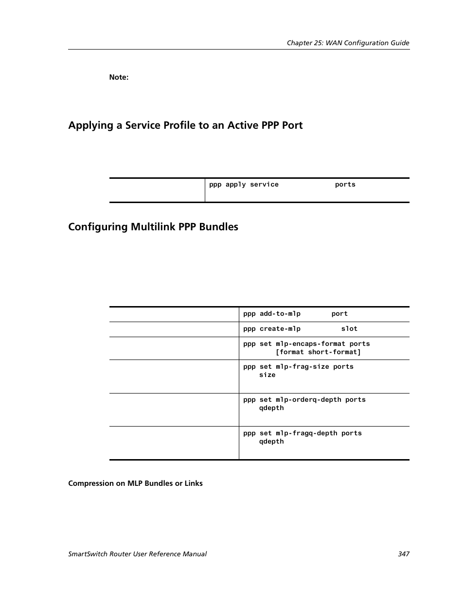 Applying a service profile to an active ppp port, Configuring multilink ppp bundles, Compression on mlp bundles or links | Cabletron Systems SMARTSWITCH ROUTER 9032578-05 User Manual | Page 373 / 398