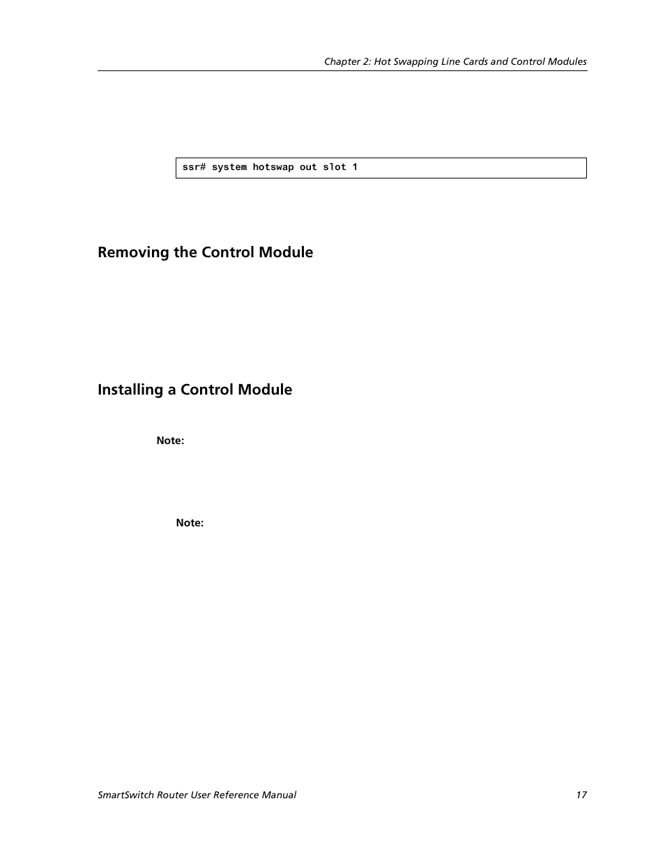 Removing the control module, Installing a control module | Cabletron Systems SMARTSWITCH ROUTER 9032578-05 User Manual | Page 43 / 398