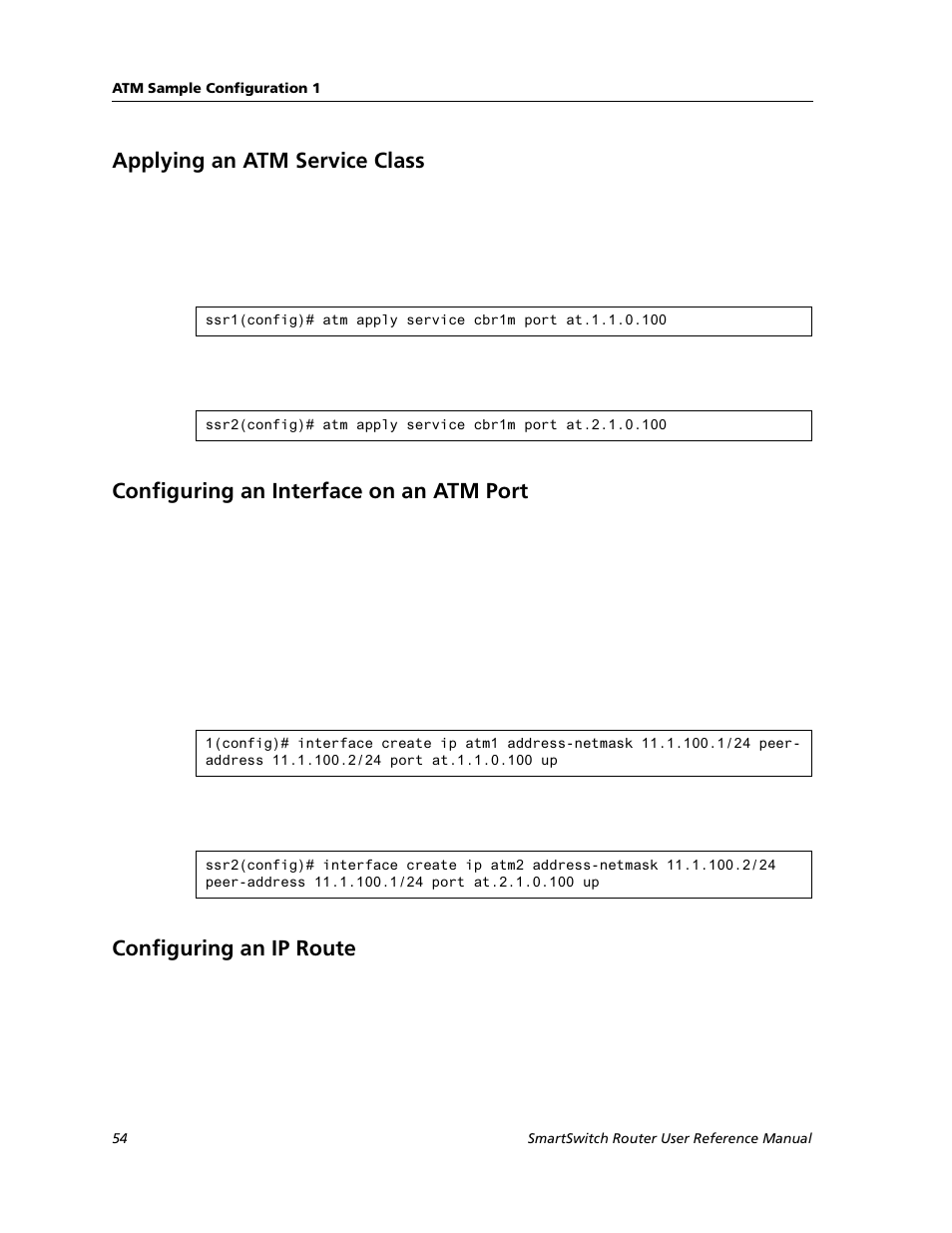 Applying an atm service class, Configuring an interface on an atm port, Configuring an ip route | Cabletron Systems SMARTSWITCH ROUTER 9032578-05 User Manual | Page 80 / 398