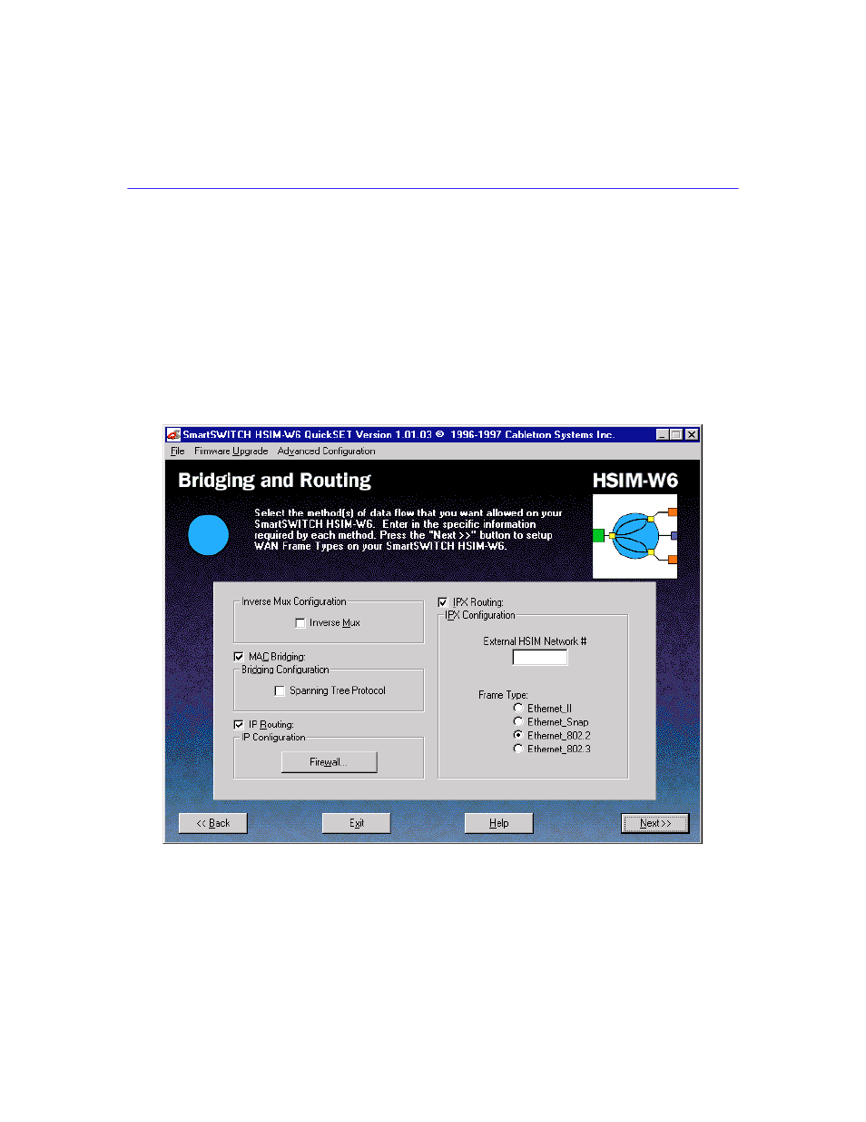 Bridging and routing configuration, Bridging and routing configuration window | Cabletron Systems HSIM-W6 User Manual | Page 102 / 258