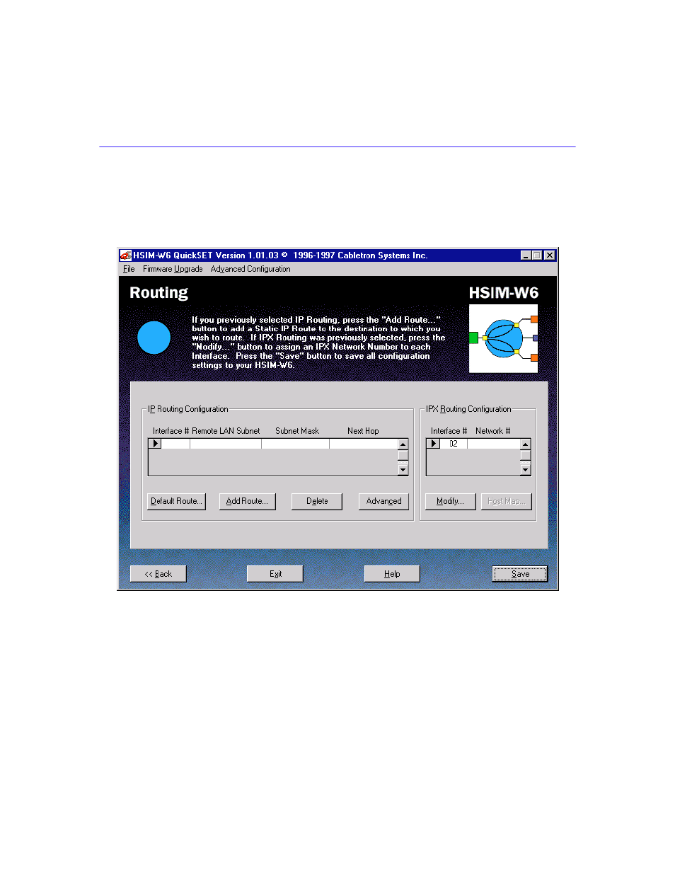 Routing configuration window, W and proceed to the, Routing | Configuration window | Cabletron Systems HSIM-W6 User Manual | Page 110 / 258