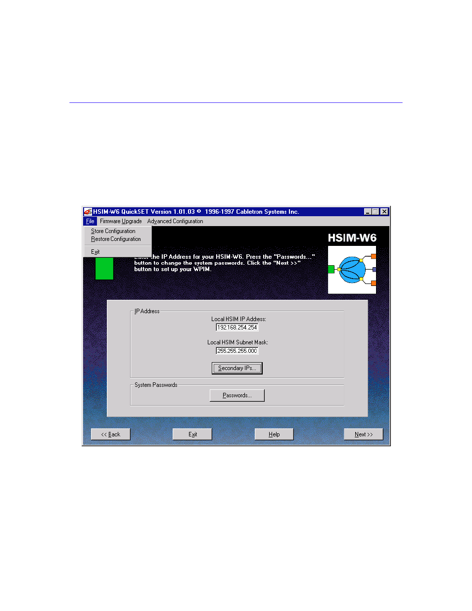 Quickset pull-down menus, File menu | Cabletron Systems HSIM-W6 User Manual | Page 120 / 258