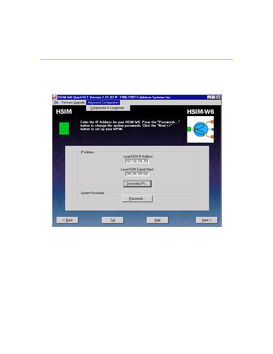 Advanced configuration menu | Cabletron Systems HSIM-W6 User Manual | Page 125 / 258