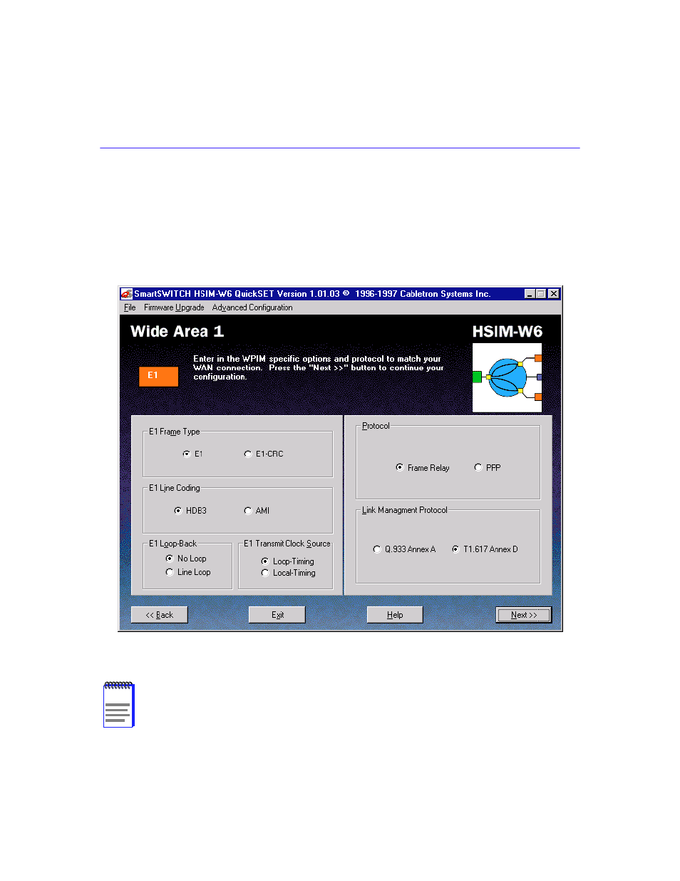 Wide area e1 configuration window | Cabletron Systems HSIM-W6 User Manual | Page 84 / 258