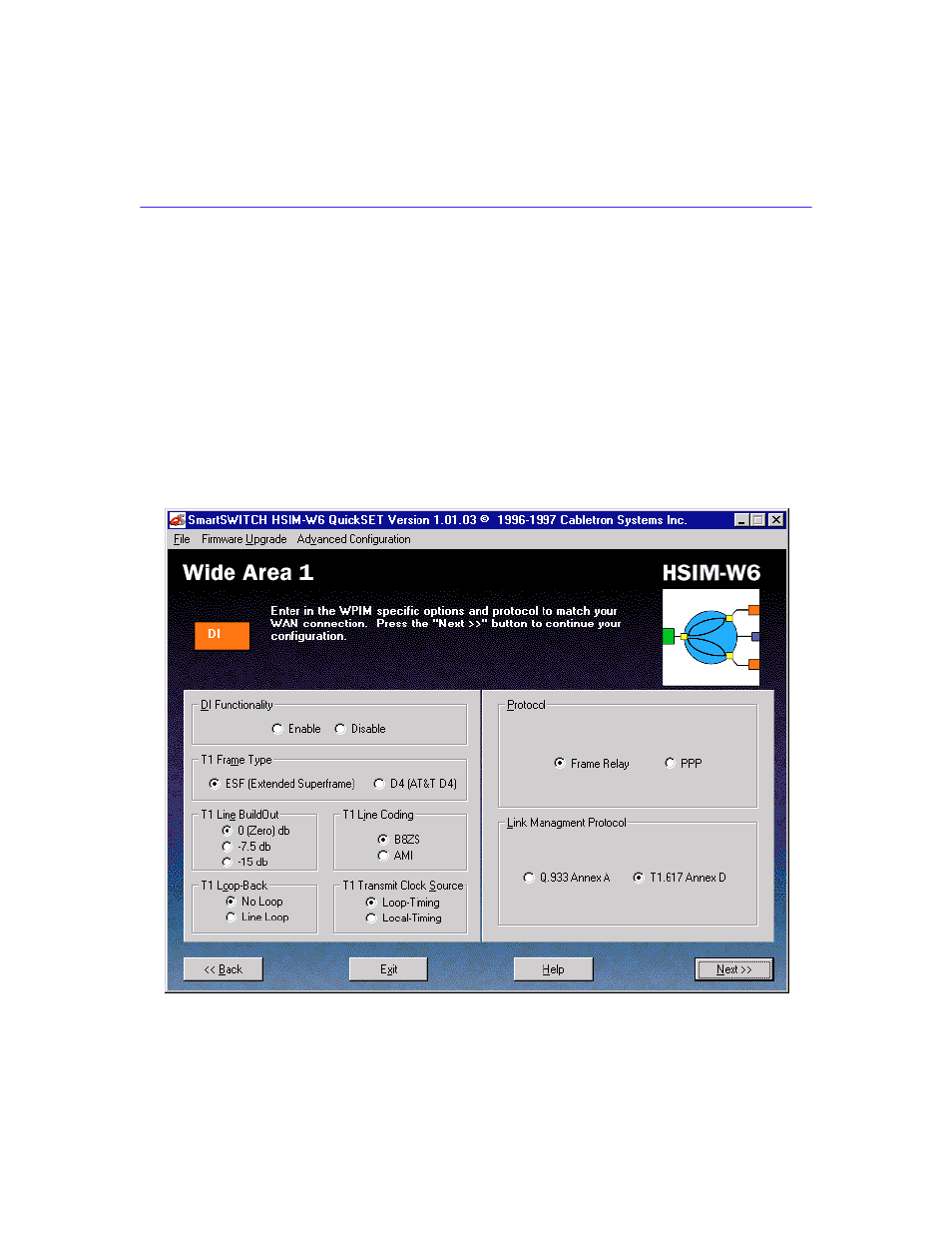 Wide area di configuration window | Cabletron Systems HSIM-W6 User Manual | Page 86 / 258