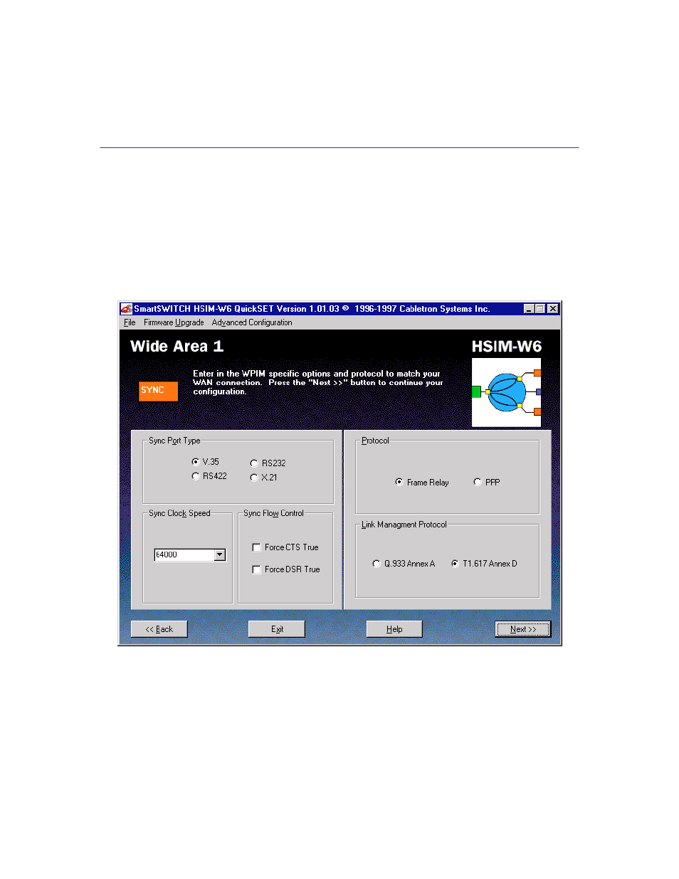 Wide area synchronous configuration window | Cabletron Systems HSIM-W6 User Manual | Page 89 / 258