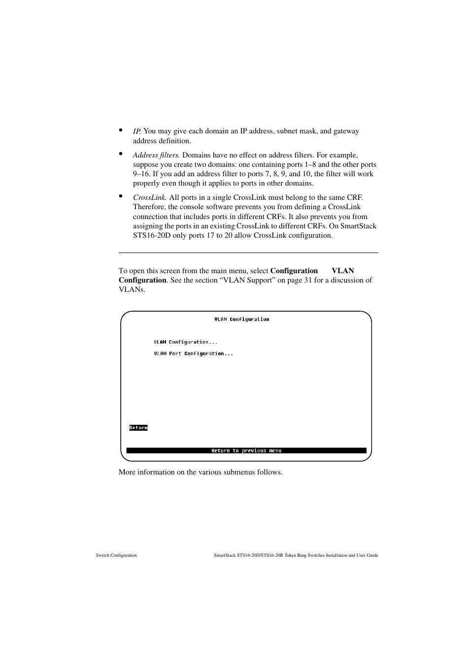 Vlan configuration menu | Cabletron Systems STS16-20R User Manual | Page 101 / 258