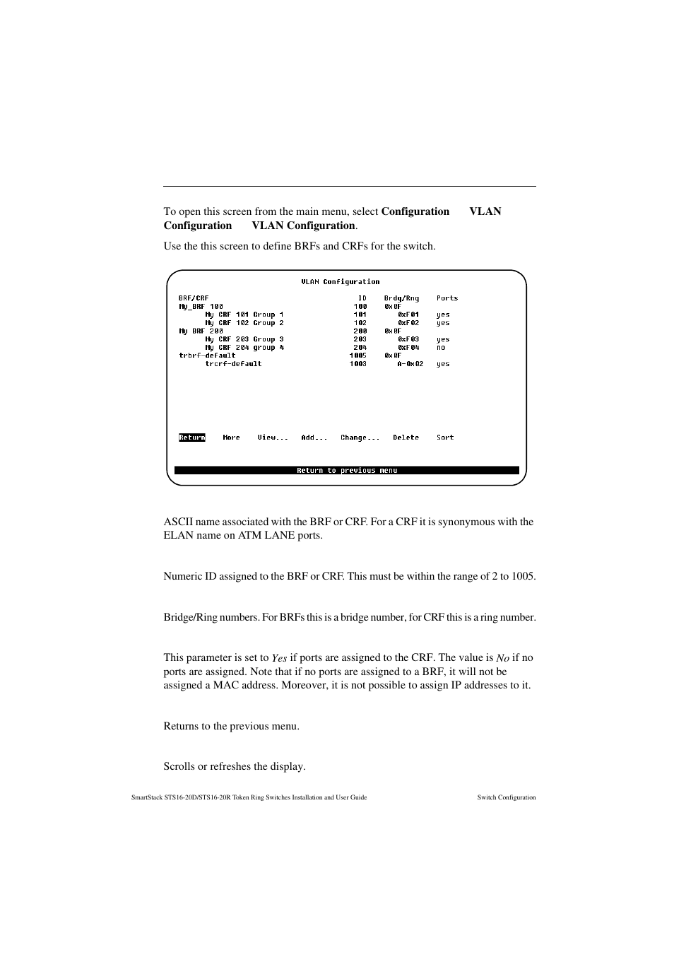 Vlan configuration screen, Brf/crf, Brdg/rng | Ports, Return, More | Cabletron Systems STS16-20R User Manual | Page 102 / 258