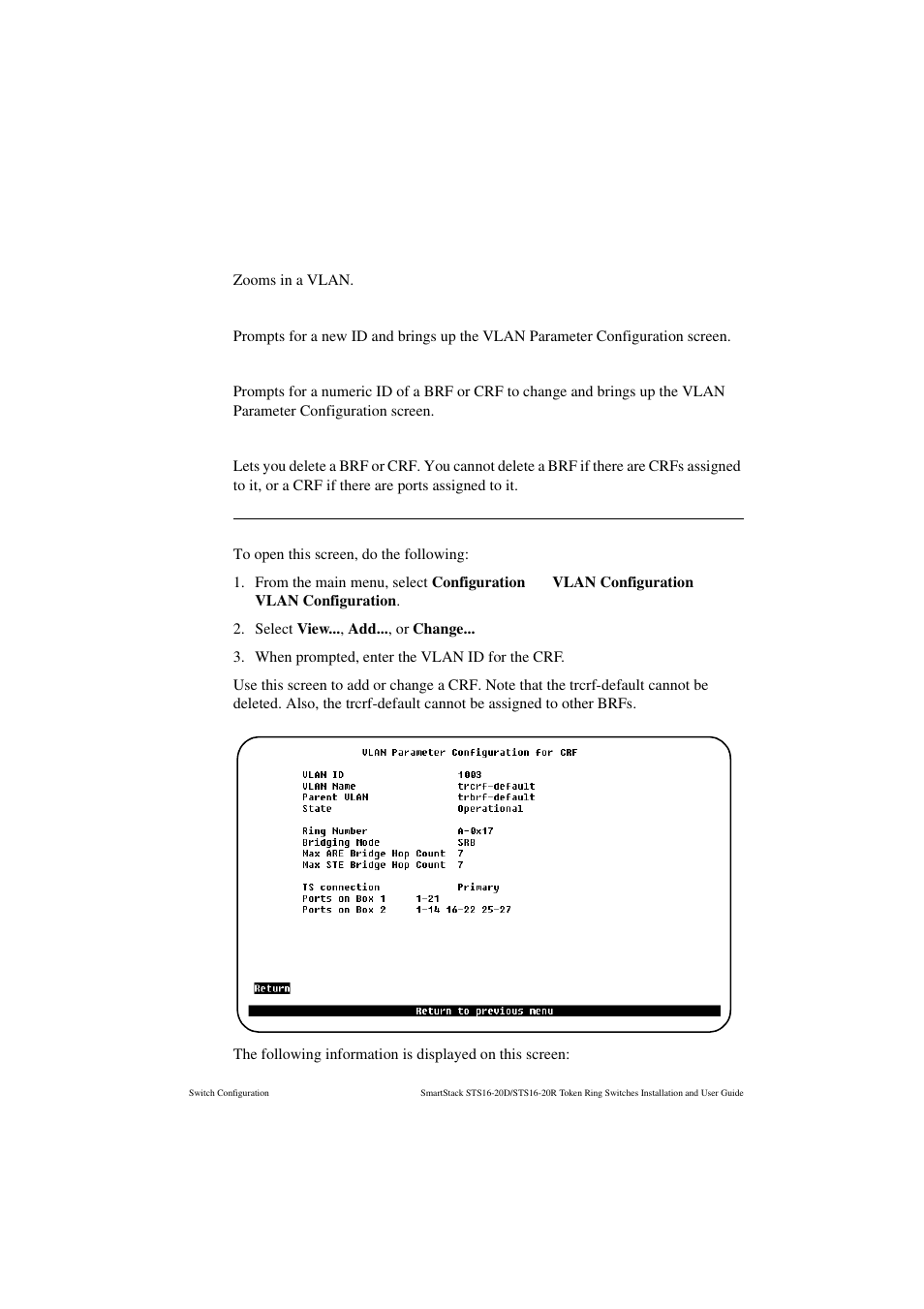 View, Change, Delete | Vlan parameter configuration for crf screen | Cabletron Systems STS16-20R User Manual | Page 103 / 258