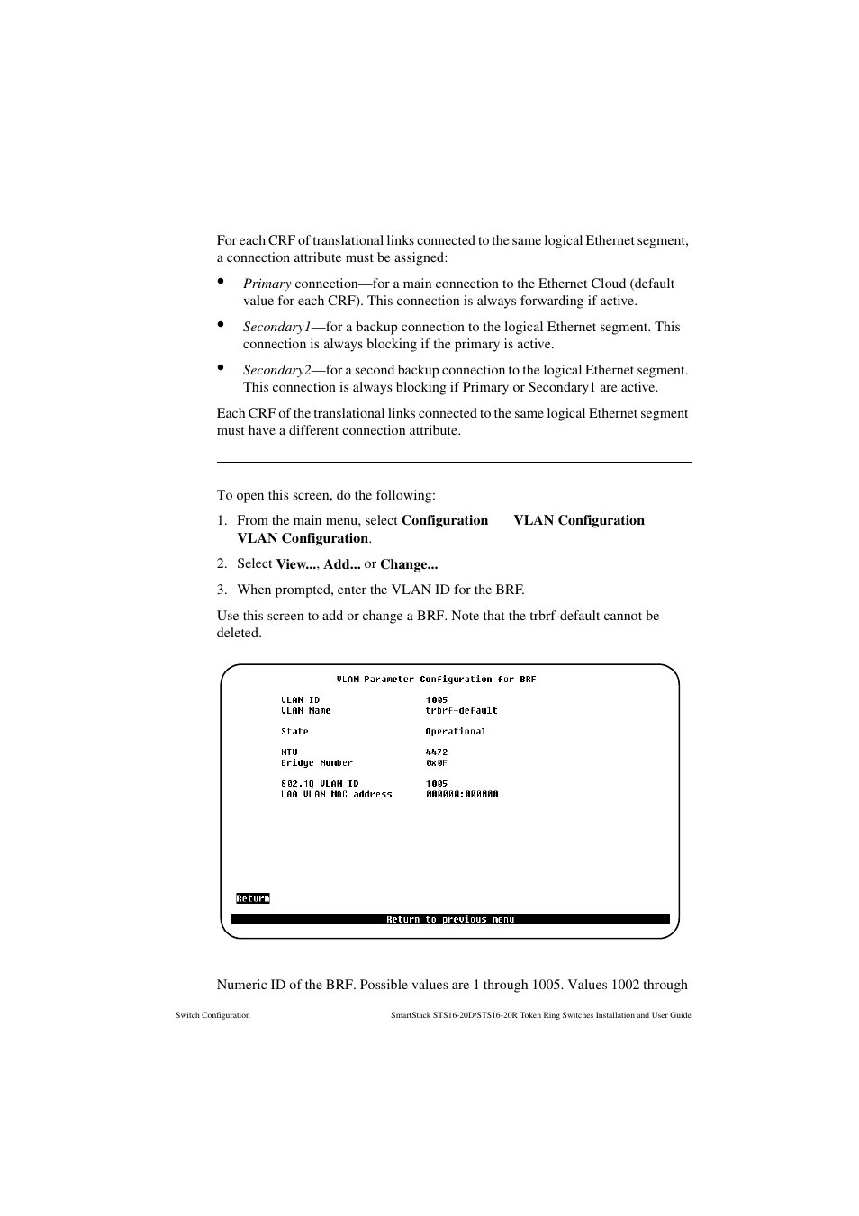 Vlan parameter configuration for brf screen, Vlan id | Cabletron Systems STS16-20R User Manual | Page 105 / 258