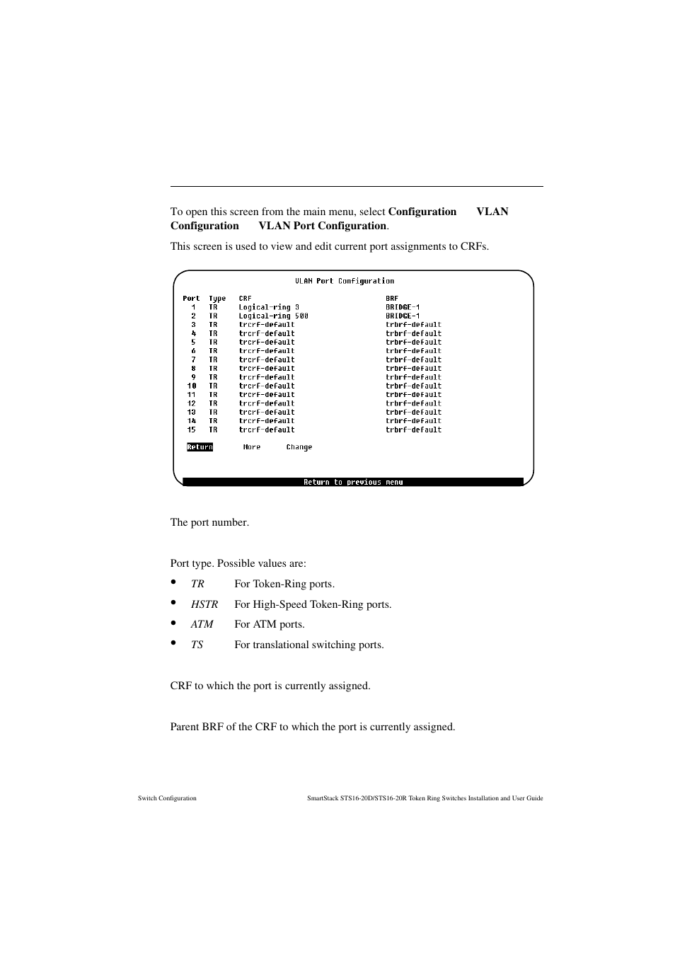 Vlan port configuration, Port, Type | Cabletron Systems STS16-20R User Manual | Page 107 / 258