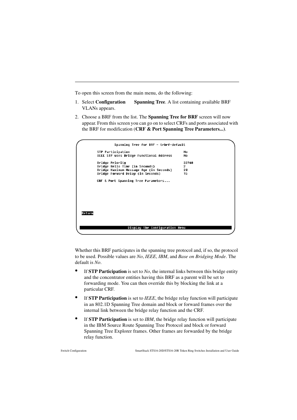 Spanning tree for brf screen, Stp participation | Cabletron Systems STS16-20R User Manual | Page 113 / 258