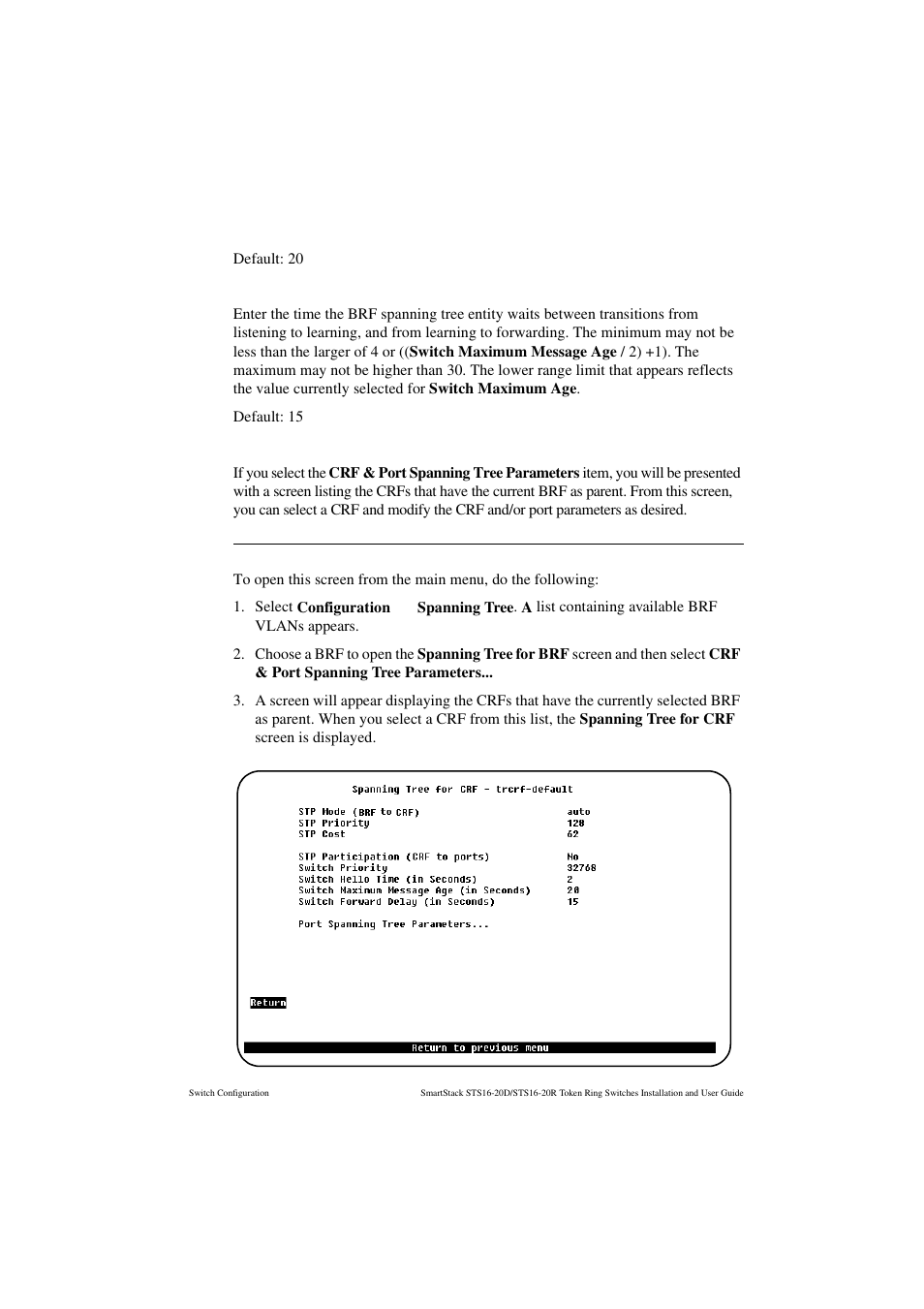 Bridge forward delay (in seconds), Crf & port spanning tree parameters, Spanning tree for crf screen | Cabletron Systems STS16-20R User Manual | Page 115 / 258