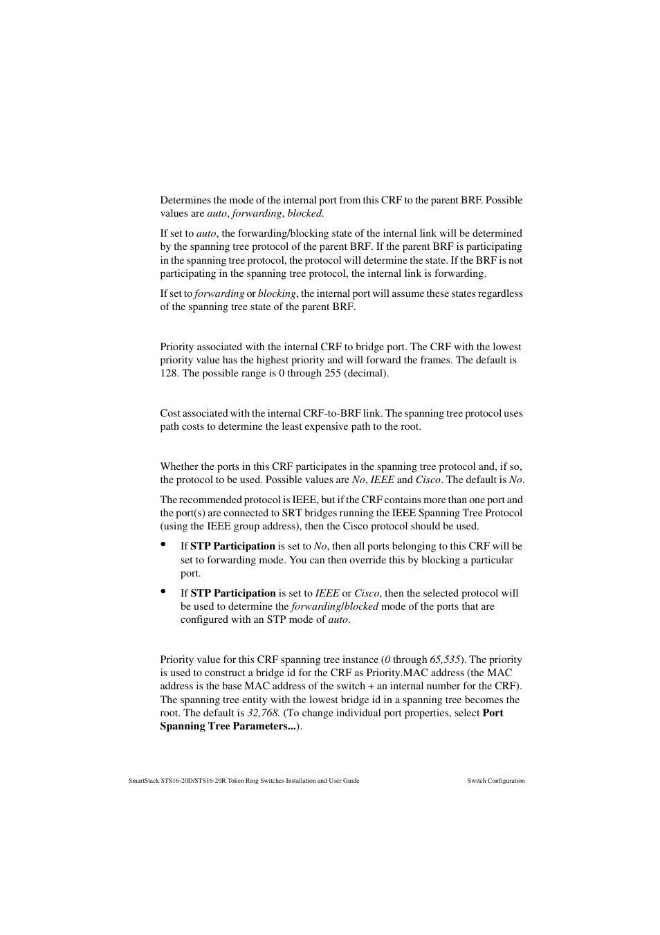 Stp mode (brf-to-crf), Stp priority, Stp cost | Stp participation (crf-to-ports), Switch priority | Cabletron Systems STS16-20R User Manual | Page 116 / 258