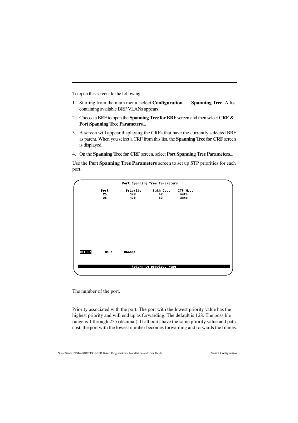 Port spanning tree parameters screen, Port, Priority | Cabletron Systems STS16-20R User Manual | Page 118 / 258
