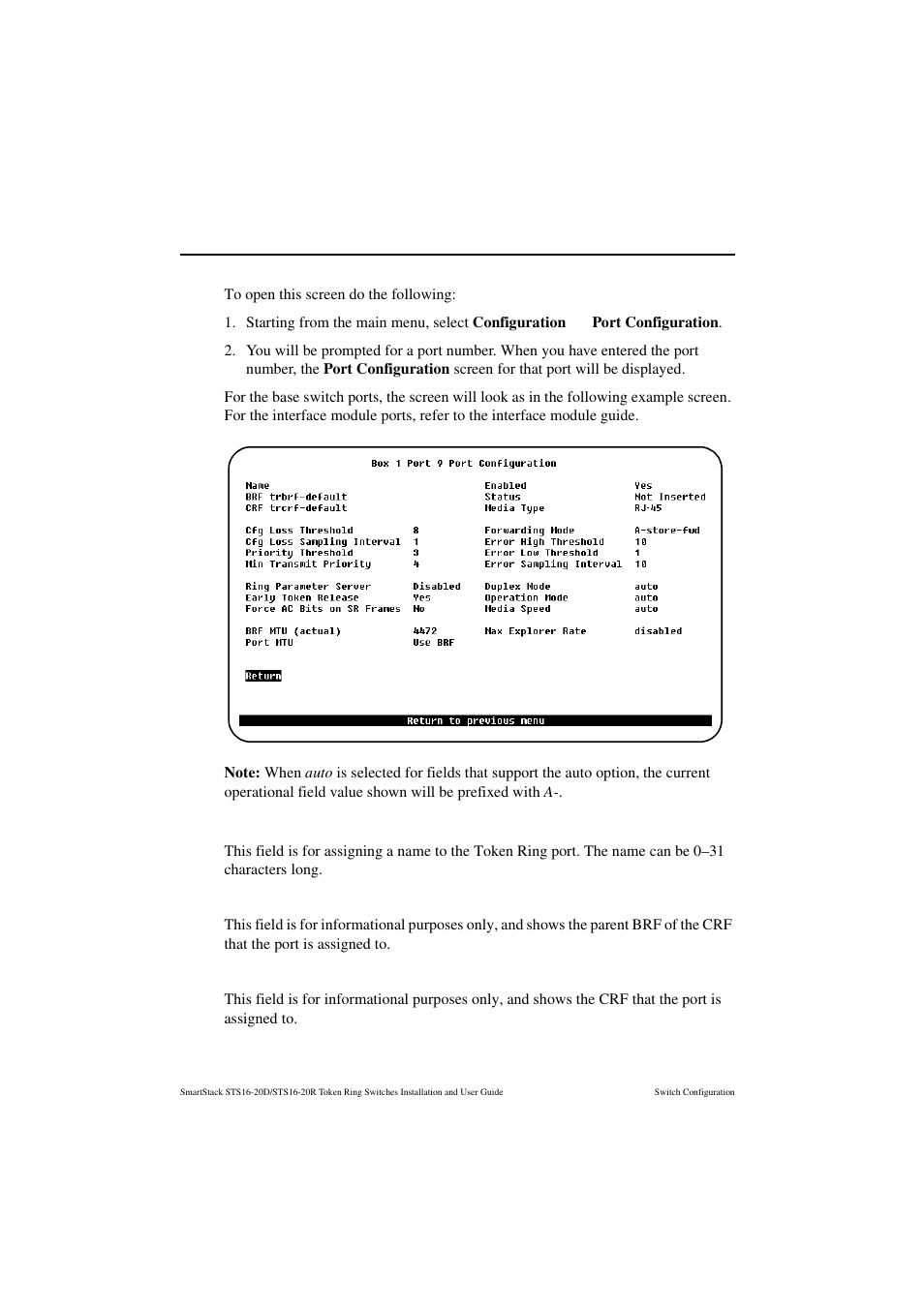 Port configuration screen, Name | Cabletron Systems STS16-20R User Manual | Page 120 / 258