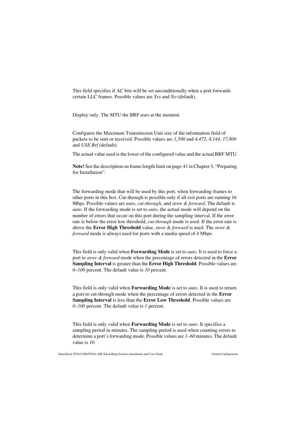 Force ac bits on sr frames, Brf mtu (actual), Port mtu | Forwarding mode, Error high threshold, Error low threshold, Error sampling interval | Cabletron Systems STS16-20R User Manual | Page 122 / 258