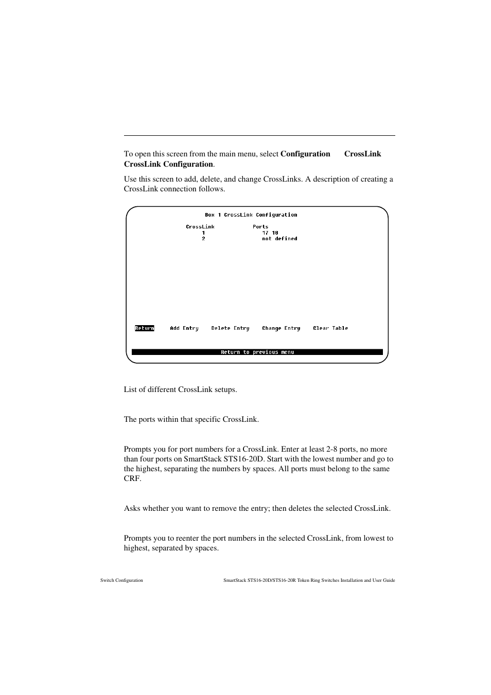 Crosslink configuration screen, Crosslink, Ports | Add entry, Delete entry, Change entry | Cabletron Systems STS16-20R User Manual | Page 127 / 258