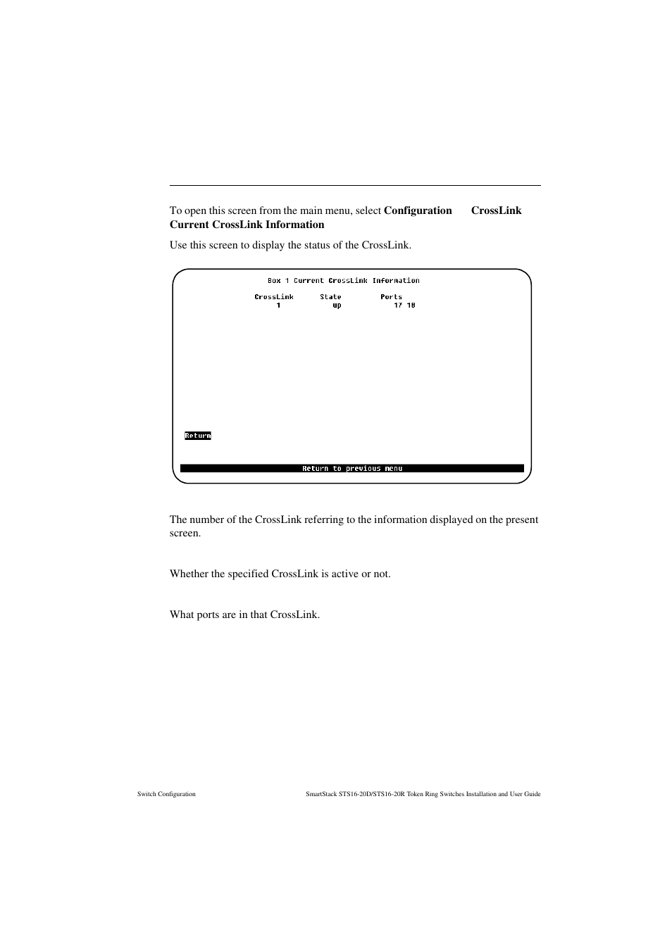 Current crosslink information screen, Crosslink, State | Ports | Cabletron Systems STS16-20R User Manual | Page 129 / 258