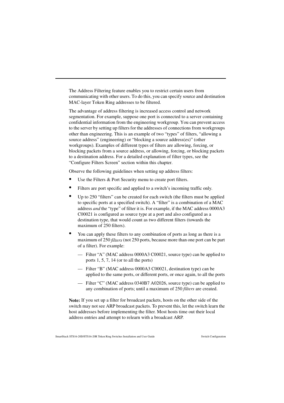 Address filtering | Cabletron Systems STS16-20R User Manual | Page 130 / 258