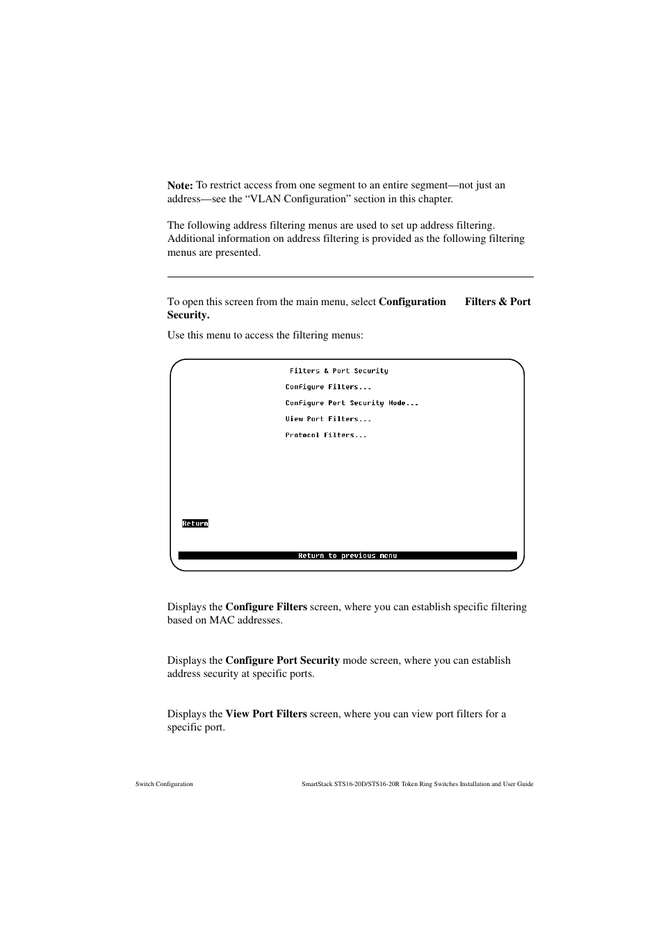 Filters and port security menu, Configure filters, Configure port security mode | View port filters | Cabletron Systems STS16-20R User Manual | Page 131 / 258