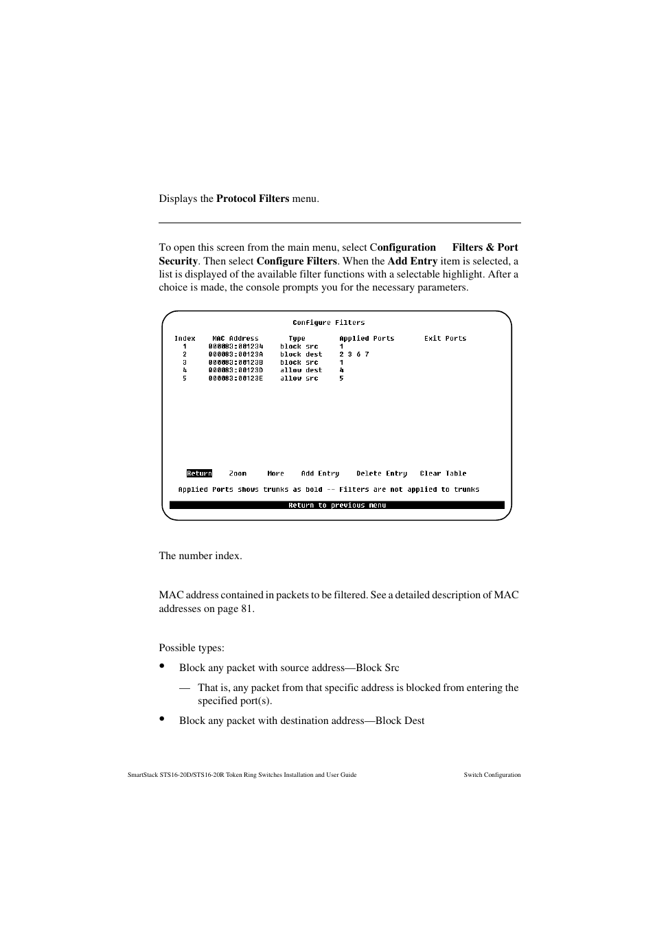 Protocol filters, Configure filters screen, Index | Mac address, Type | Cabletron Systems STS16-20R User Manual | Page 132 / 258