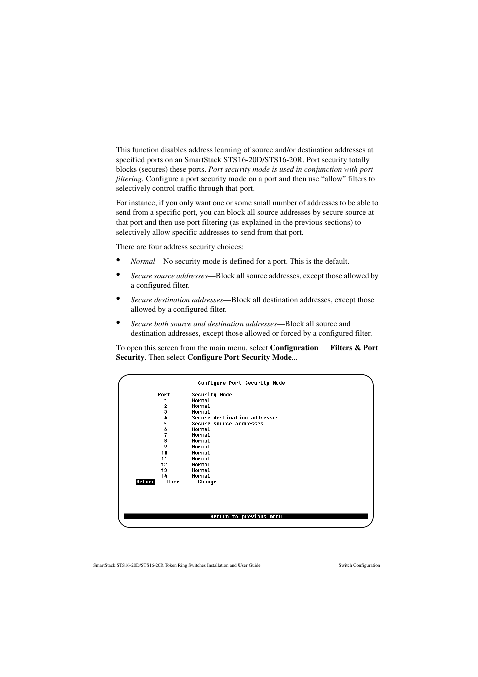 Configure port security mode screen | Cabletron Systems STS16-20R User Manual | Page 134 / 258