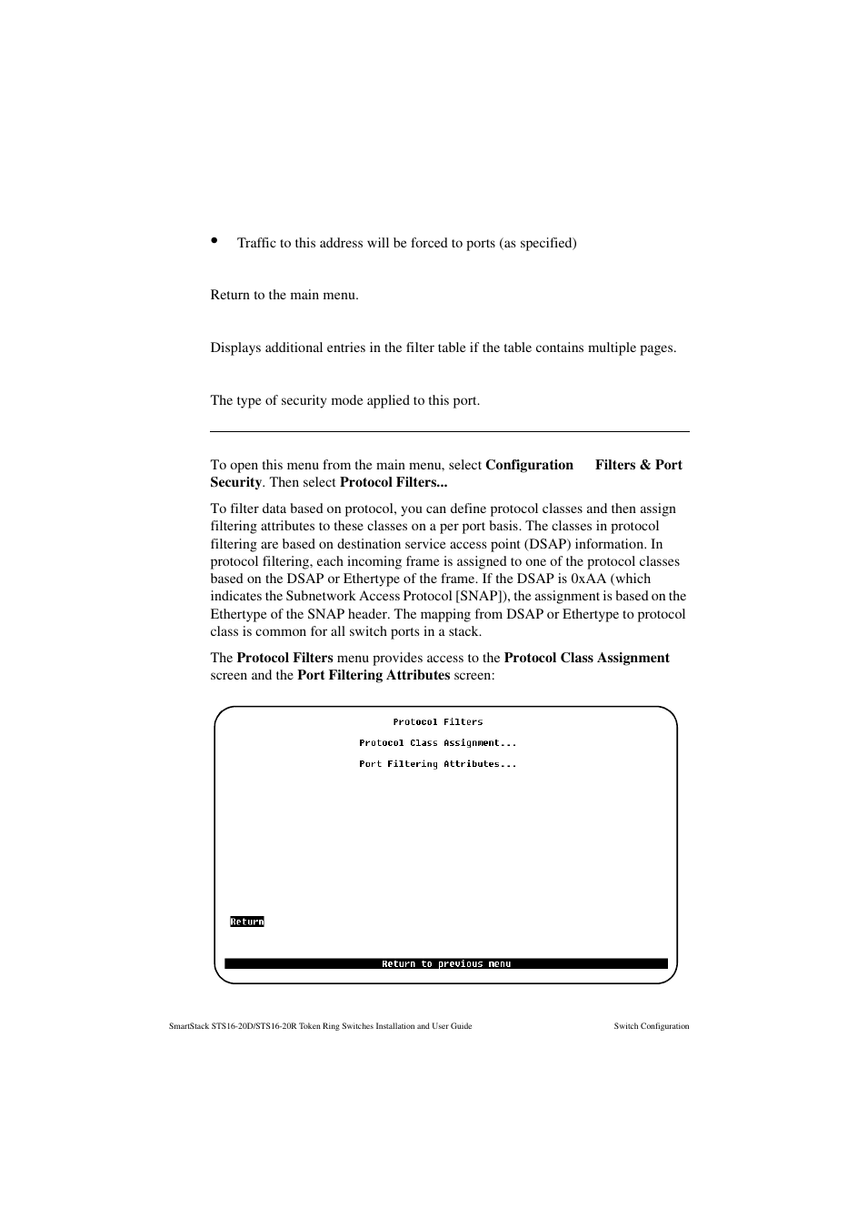 Return, More, Port (number) security mode | Protocol filters menu | Cabletron Systems STS16-20R User Manual | Page 136 / 258