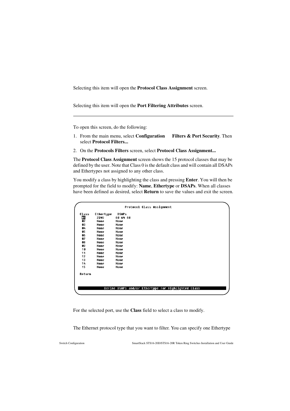 Protocol class assignment, Port filtering attributes, Protocol class assignment screen | Class, Ethertype | Cabletron Systems STS16-20R User Manual | Page 137 / 258