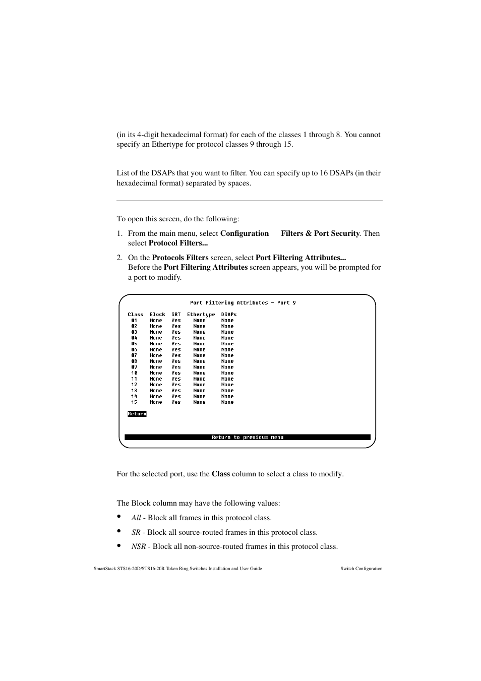Dsaps, Port filtering attributes screen, Class | Block | Cabletron Systems STS16-20R User Manual | Page 138 / 258