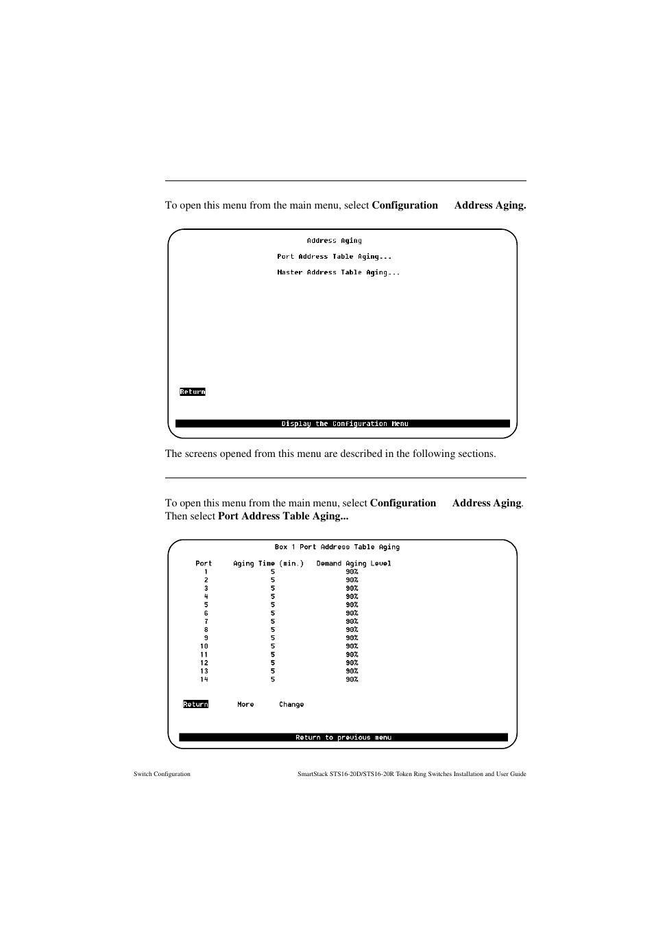 Address aging menu, Port address table aging screen, Address aging menu port address table aging screen | Cabletron Systems STS16-20R User Manual | Page 141 / 258