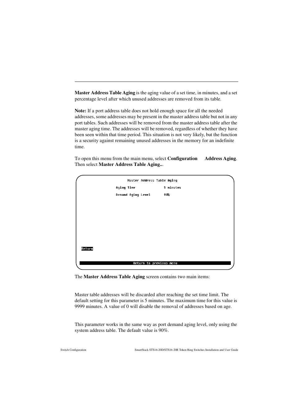 Master address table aging screen, Aging time, Demand aging level | Cabletron Systems STS16-20R User Manual | Page 143 / 258