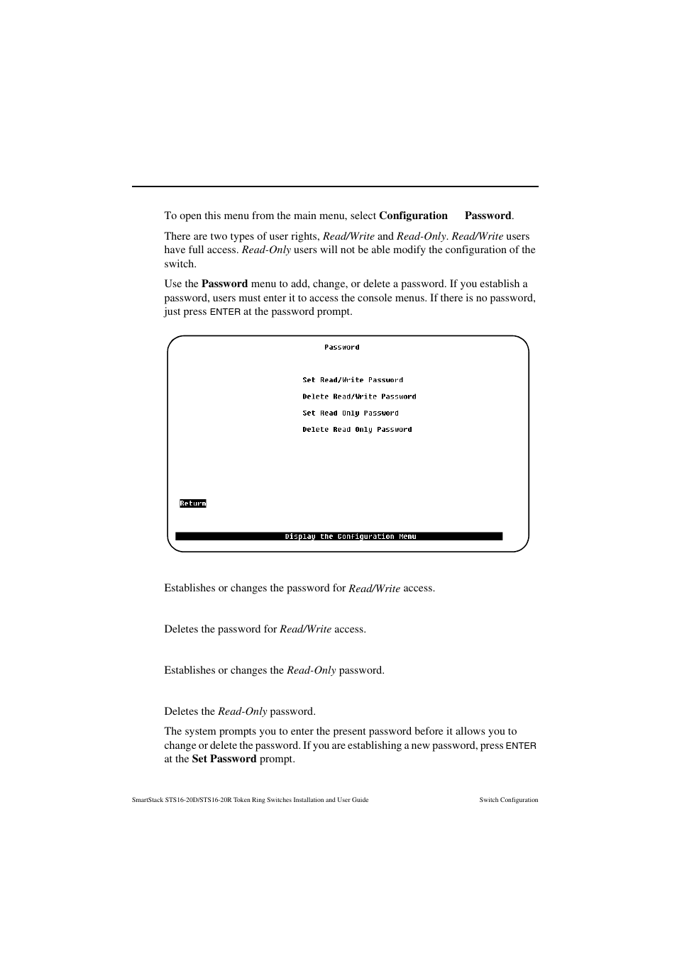 Password menu, Set read/write password, Delete read/write password | Set read-only password, Delete read-only password | Cabletron Systems STS16-20R User Manual | Page 144 / 258