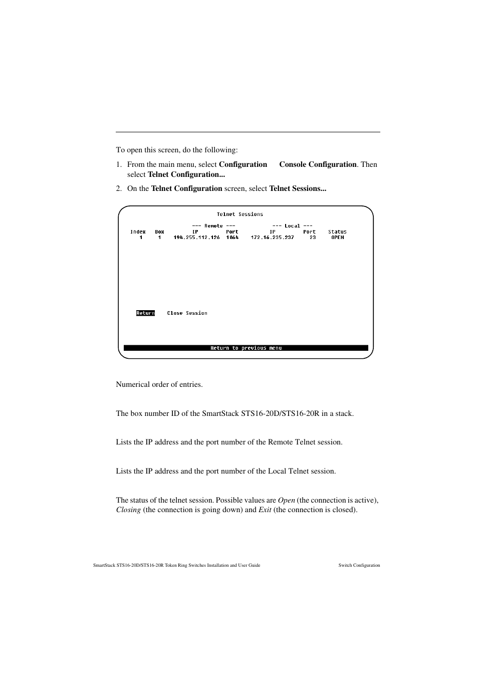 Telnet sessions screen, Index, Remote | Local, Status | Cabletron Systems STS16-20R User Manual | Page 150 / 258