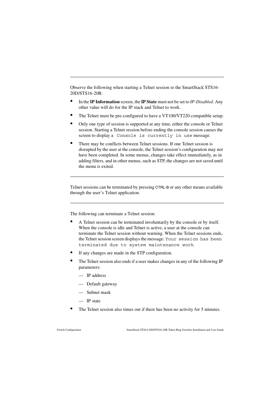 Starting the telnet session, Stopping the telnet session, Involuntary termination of the telnet session | Cabletron Systems STS16-20R User Manual | Page 151 / 258